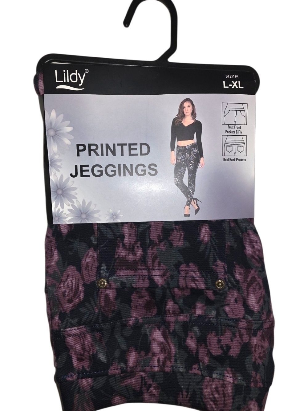 NWT Lildy Floral Printed Denim Jeggings - Purple & Black (Size L-XL)